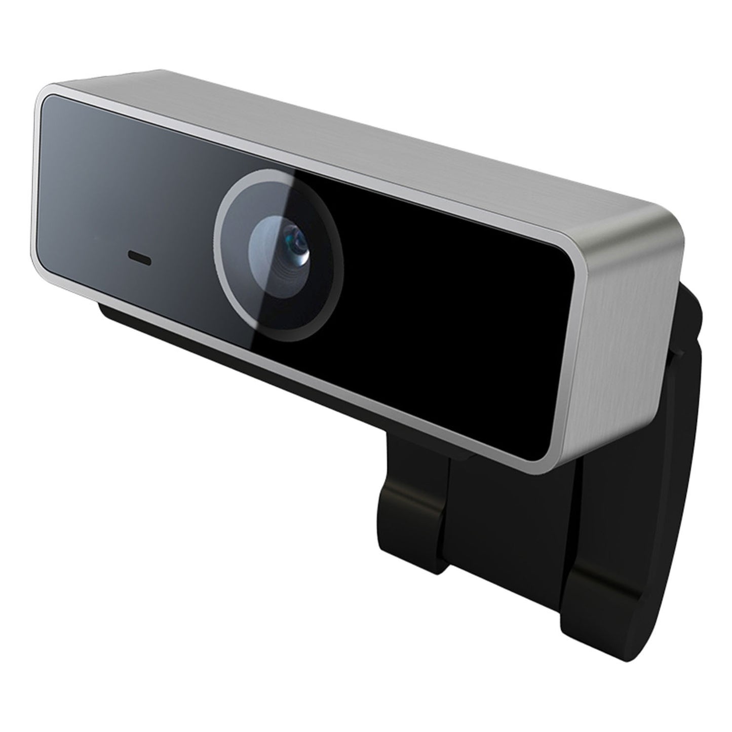 Modern sleek rectangular webcam with black front and metallic silver casing mounted on black clip
