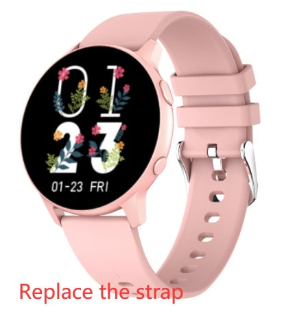 Pink smartwatch with floral digital clock face and soft silicone strap on white background