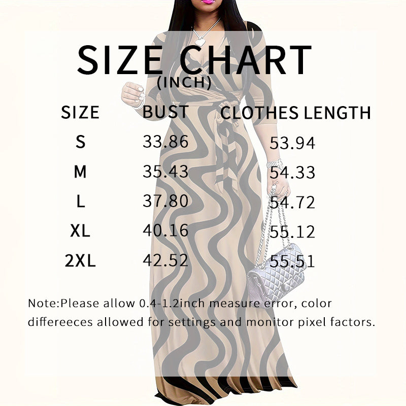 Size chart for women's maxi dress showing bust and length measurements in inches for sizes S to 2XL
