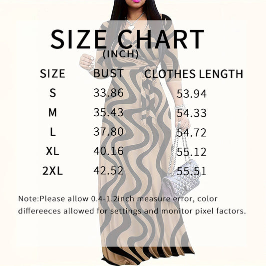 Size chart for women's maxi dress showing bust and length measurements in inches for sizes S to 2XL