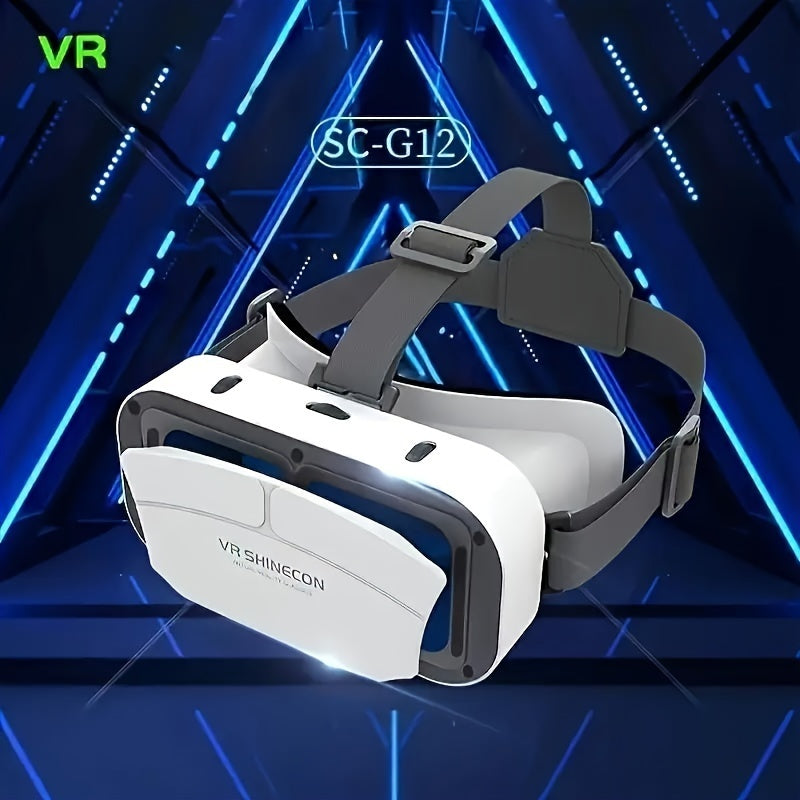 White VR Shinecon SC-G12 virtual reality headset with adjustable gray straps on futuristic blue tech background