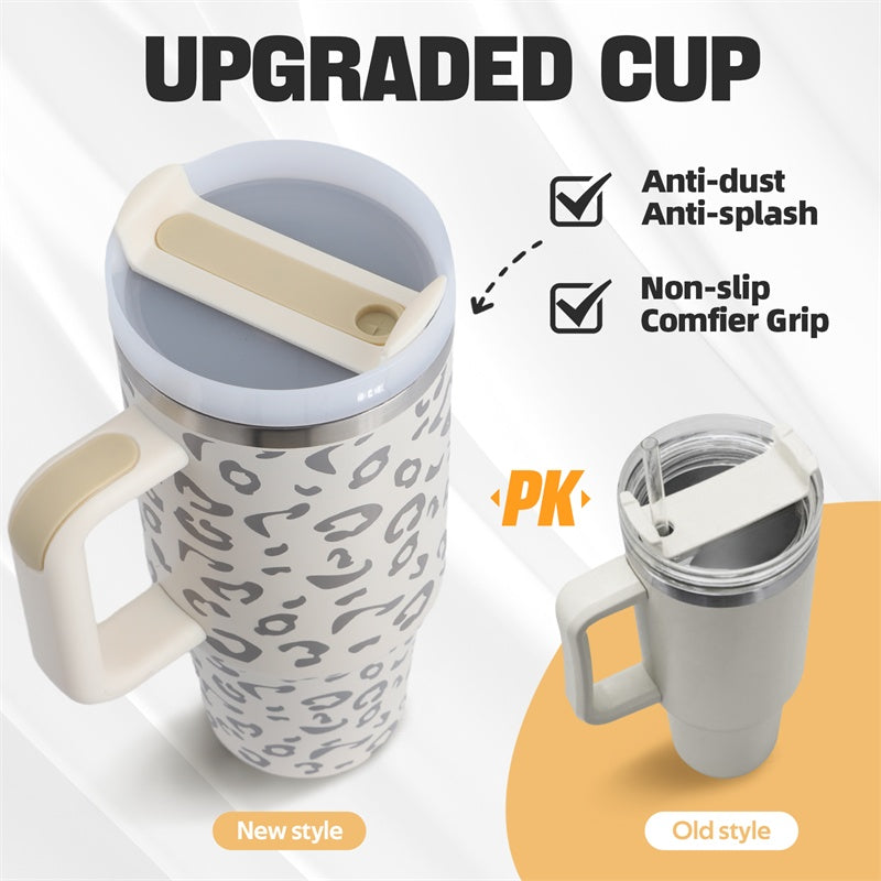 Leopard print upgraded cup with anti-dust, anti-splash, and non-slip grip compared to old style cup