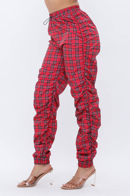 Plaid Print Wind Breaker Drawstring Shirring Jogger Pants