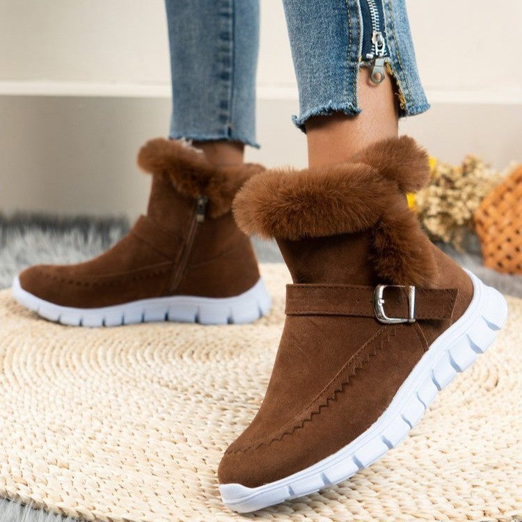 Snow Boots Winter Warm Thickened Solid Color Plush Ankle Boots With Buckle Design Plus Velvet Flat Shoes For Women