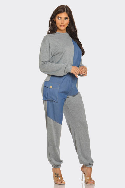 French Terry Color Block Denim Detail Top Pockets Pants Set
