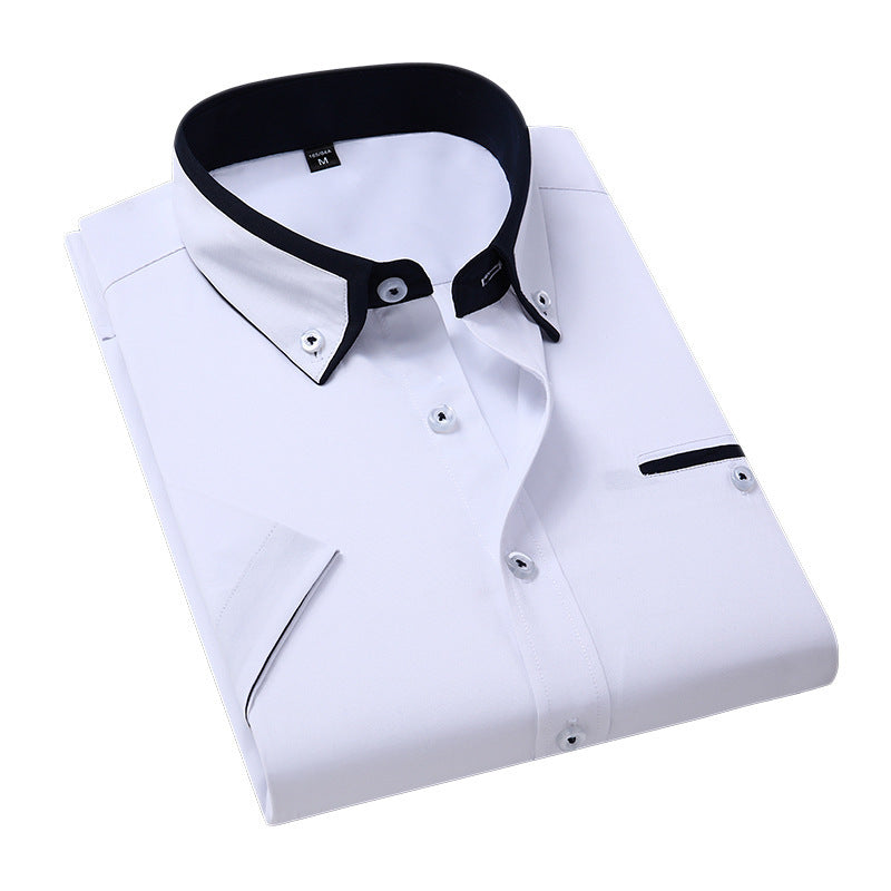 Folded men's white dress shirt with black contrast collar and button accents