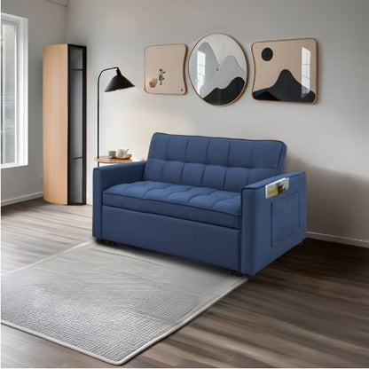 NEW Stylish Blue Pull-Out Sofa Bed With Woven Polyester Fabric &amp; Solid Wood Frame