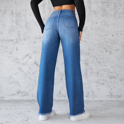 Women’s High-Waisted Denim Patchwork Pants – Stylish Casual Cotton Blend Trousers