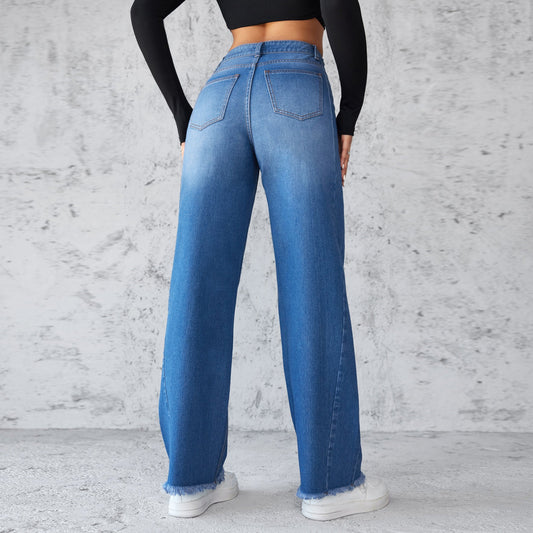 Women’s High-Waisted Denim Patchwork Pants – Stylish Casual Cotton Blend Trousers