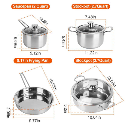 4Pcs Stainless Steel Cookware Set Frying Pan 2Quart Saucepan 2.7Quart 3.7Quart Stockpot With Lid Dishwasher - JonaStore