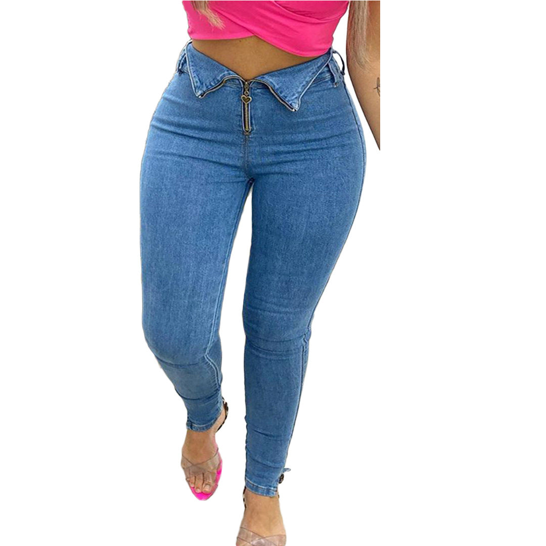 High-waisted blue denim jeans with unique upside-down collar zipper and heart-shaped pull