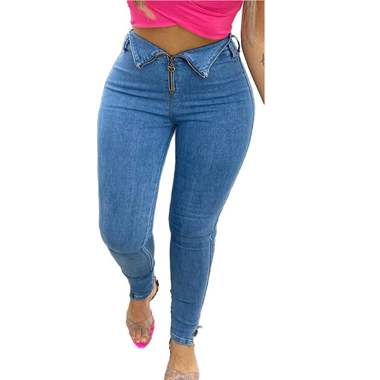 High-waisted blue denim jeans with unique upside-down collar zipper and heart-shaped pull