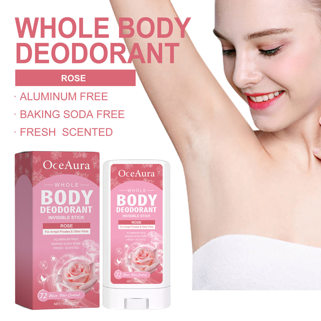 NEW OceAura Whole Body Deodorant, Rose Fragrance Naturally Refreshing Lighten Underarm Odor Lasting Fragrance
