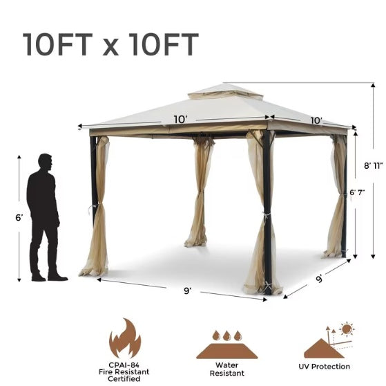 NEW 10X10FT SOFT TOP METAL GAZEBO WITH MOSQUITO NET AND SUN SHADE