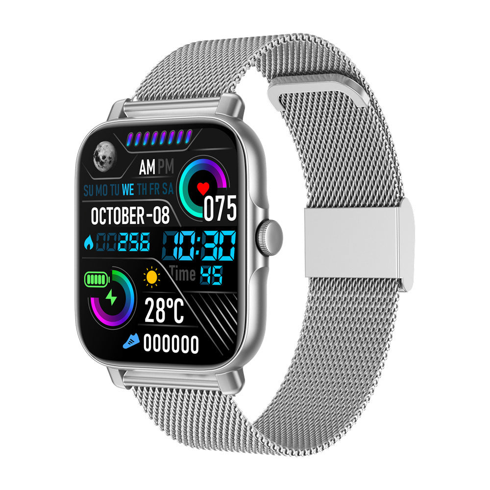 Silver smartwatch with mesh band showing date, time, heart rate, temperature, and fitness data