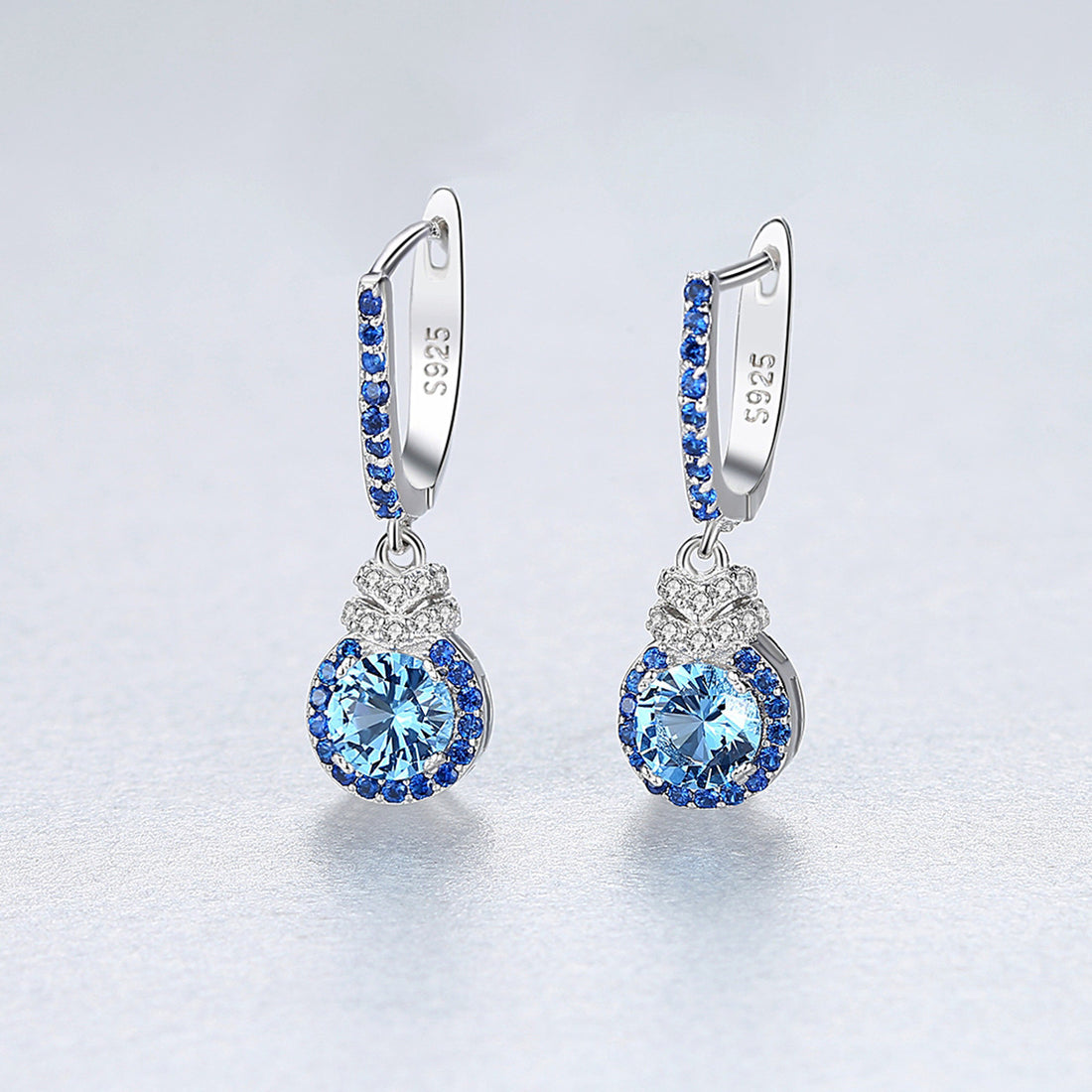 NEW Sky Blue Earrings S925 Silver Ear Clip Colored Gems Women