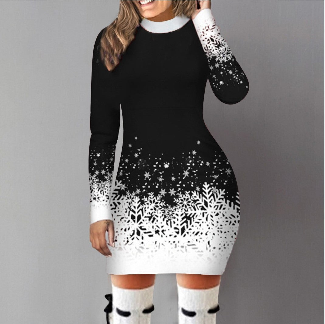 European And American Christmas Printed Long Sleeve Dress A-lineskirt Women