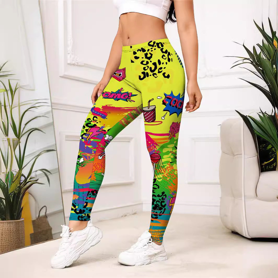 NEW Yellow Cartoon Printed Sports Slim-fitting Leggings