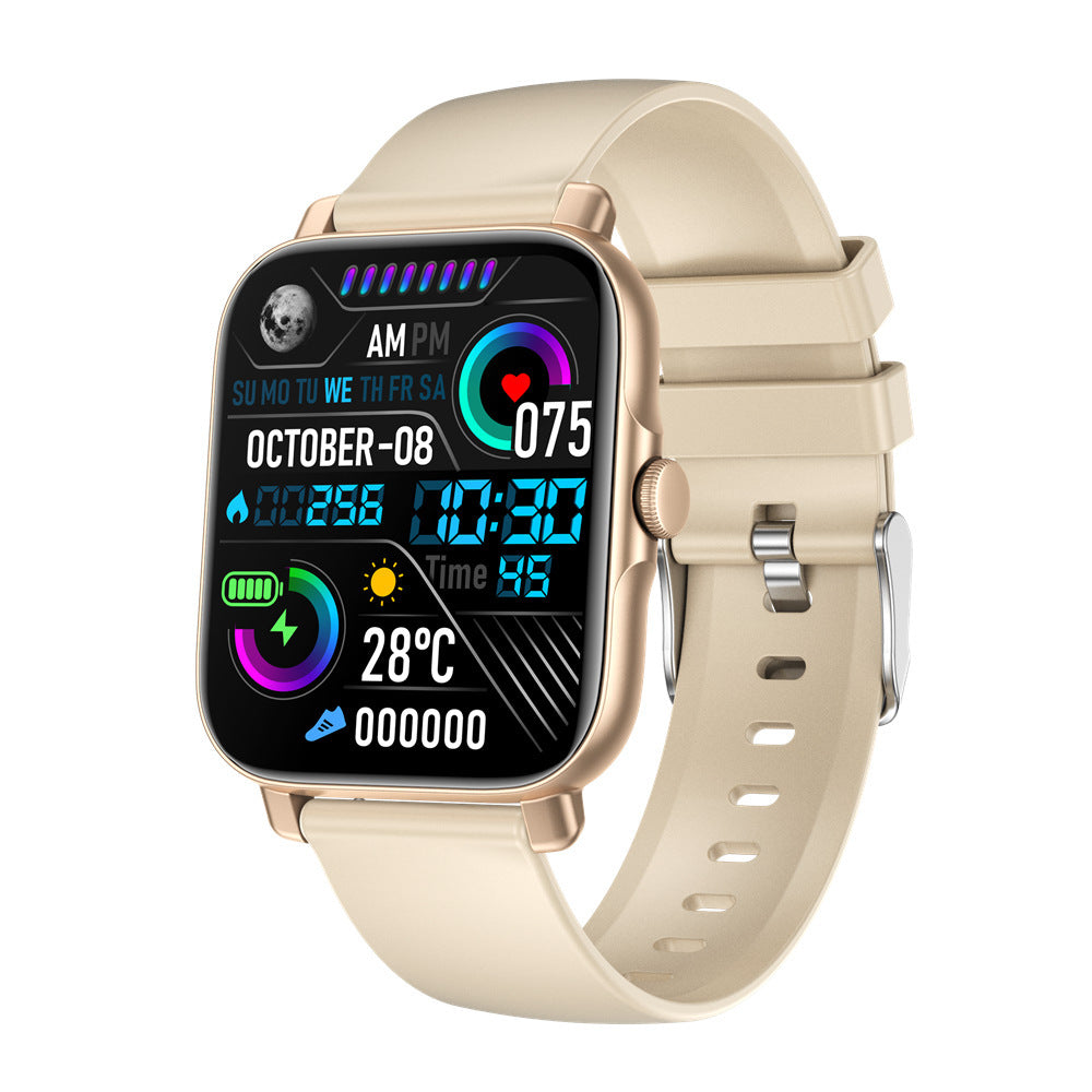 gold smartwatch with beige silicone band showing heart rate, steps, date, time, temperature, and battery display