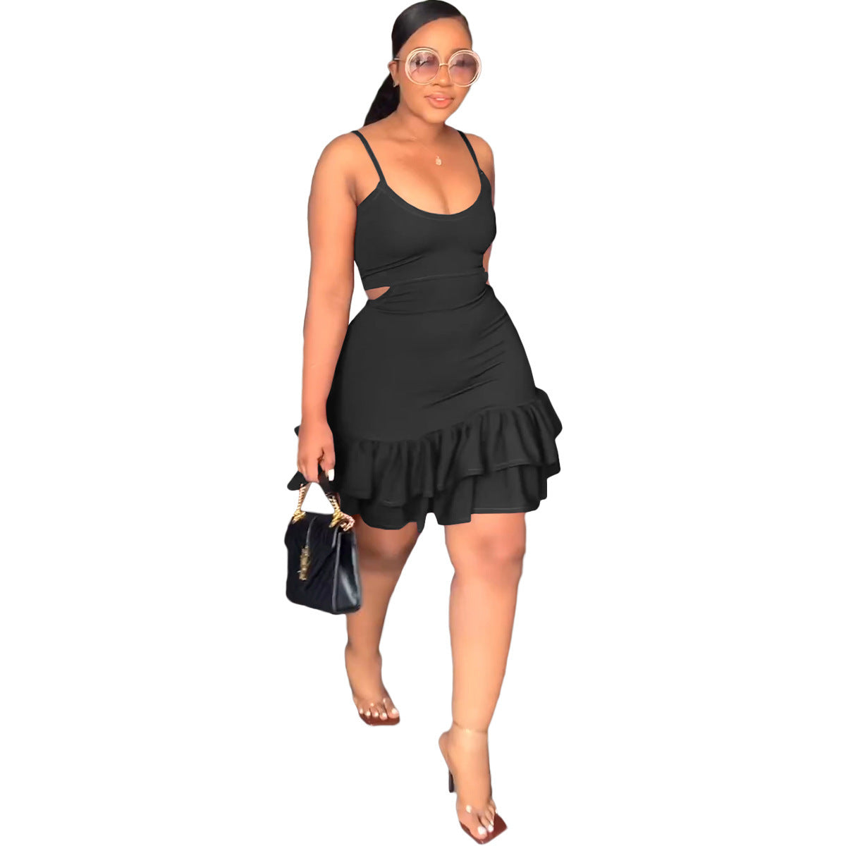 NEW Casual Fashion Halter Low-cut Ruffle Package Hip Dress