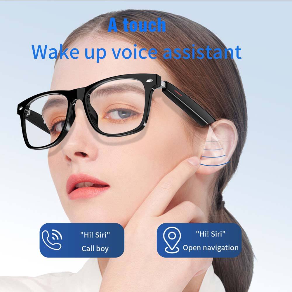 Woman wearing smart glasses activating voice assistant with touch, showing call and navigation commands