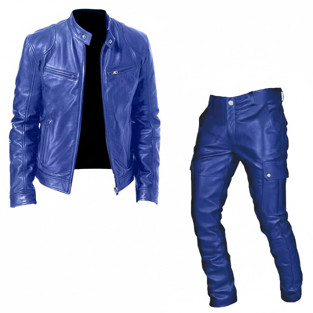 Blue leather motorcycle jacket with zippered pockets and matching blue leather cargo pants