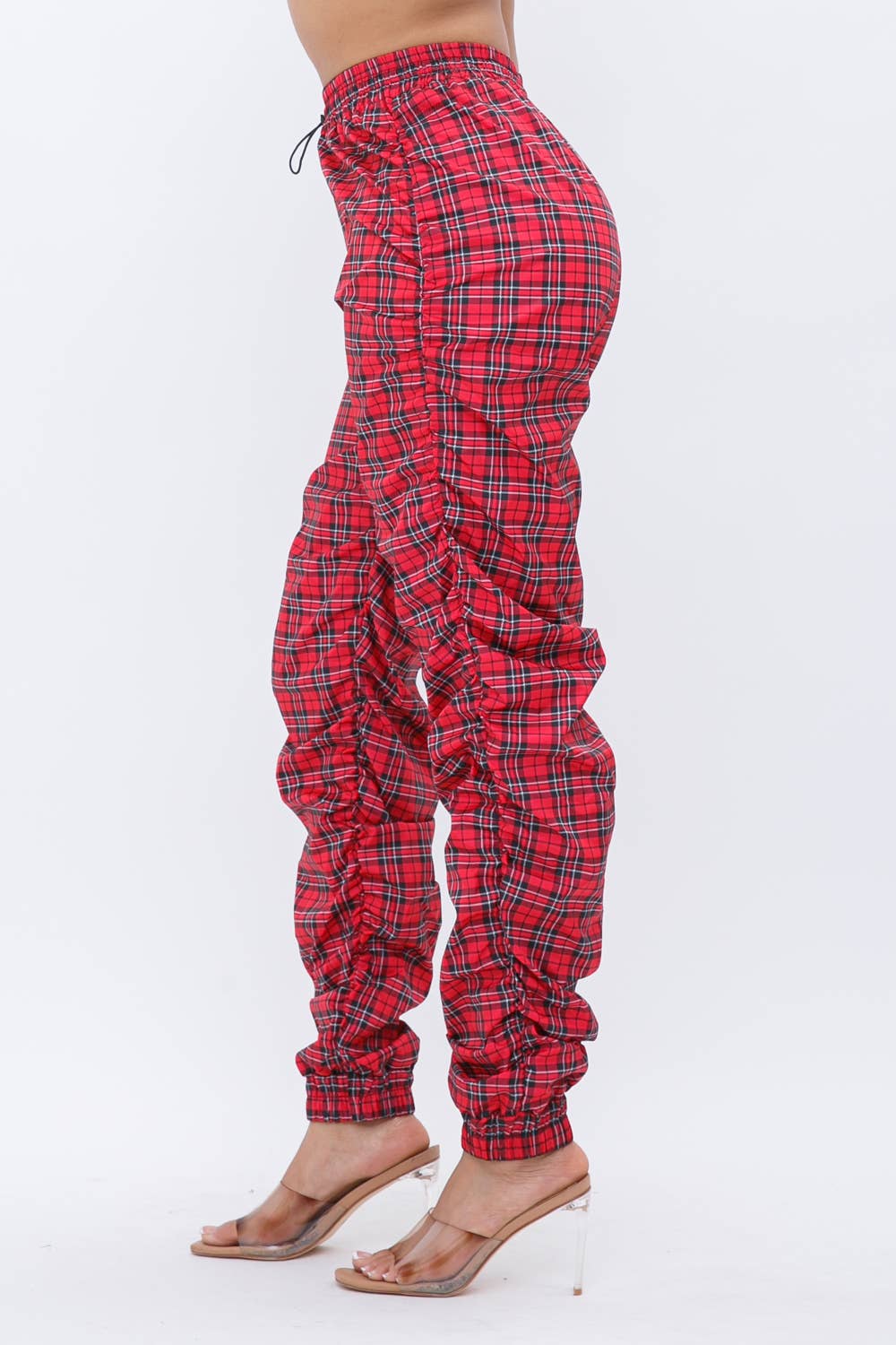 Plaid Print Wind Breaker Drawstring Shirring Jogger Pants