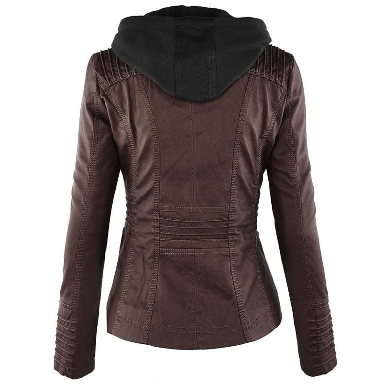 Back view of brown leather jacket with black hood and stitched detailing on sleeves and back