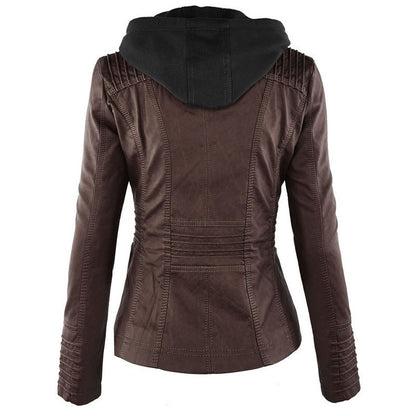 Fashion Detachable Hooded Jacket With Pockets Casual Solid Color Zipper Long Sleeve Leather Coat Autumn Winter Women&