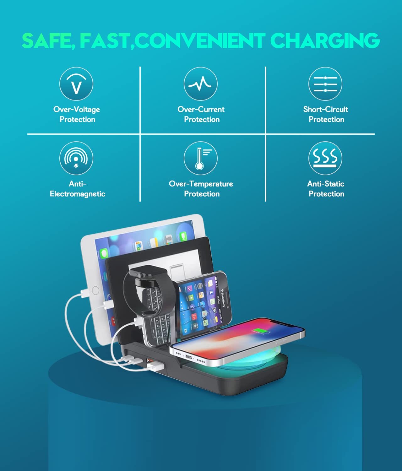 70W Charging Station For Multiple Devices, 5 In 1 Fast Charging Dock With 10W Max Wireless Charger And 4 Ports , 30W USB C PD Fast Charging For IPad, IPhone,Tablets,Kindle