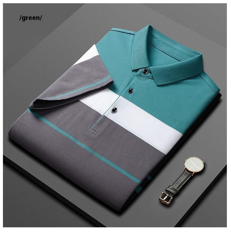 NEW Cotton Striped Stitching Polo Shirt Men&