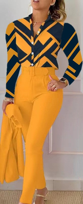 NEW Printed Long-sleeved Top Solid Color Pants Suit With Belt