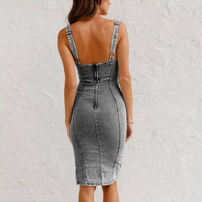 U-neck Suspender Denim Dress Summer Casual Tight Slim Fit Dresses With Slit Design Womens Clothing