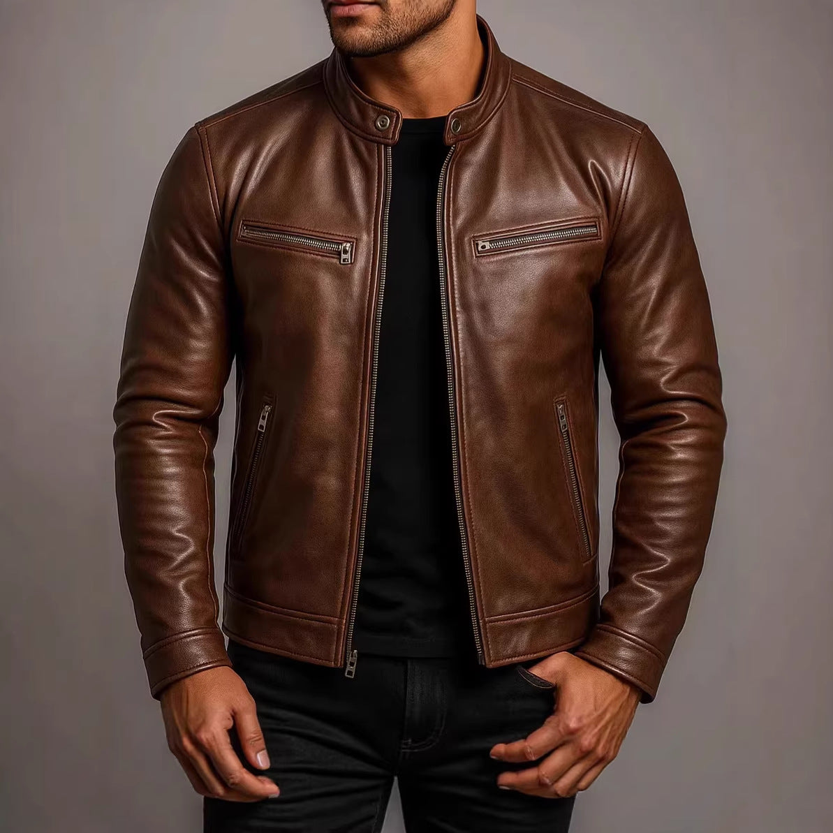 Men’s PU Faux Leather Jacket – Classic Regular-Fit Moto Style Coat (S–3XL)