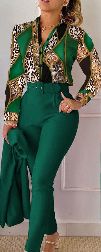 NEW Printed Long-sleeved Top Solid Color Pants Suit With Belt