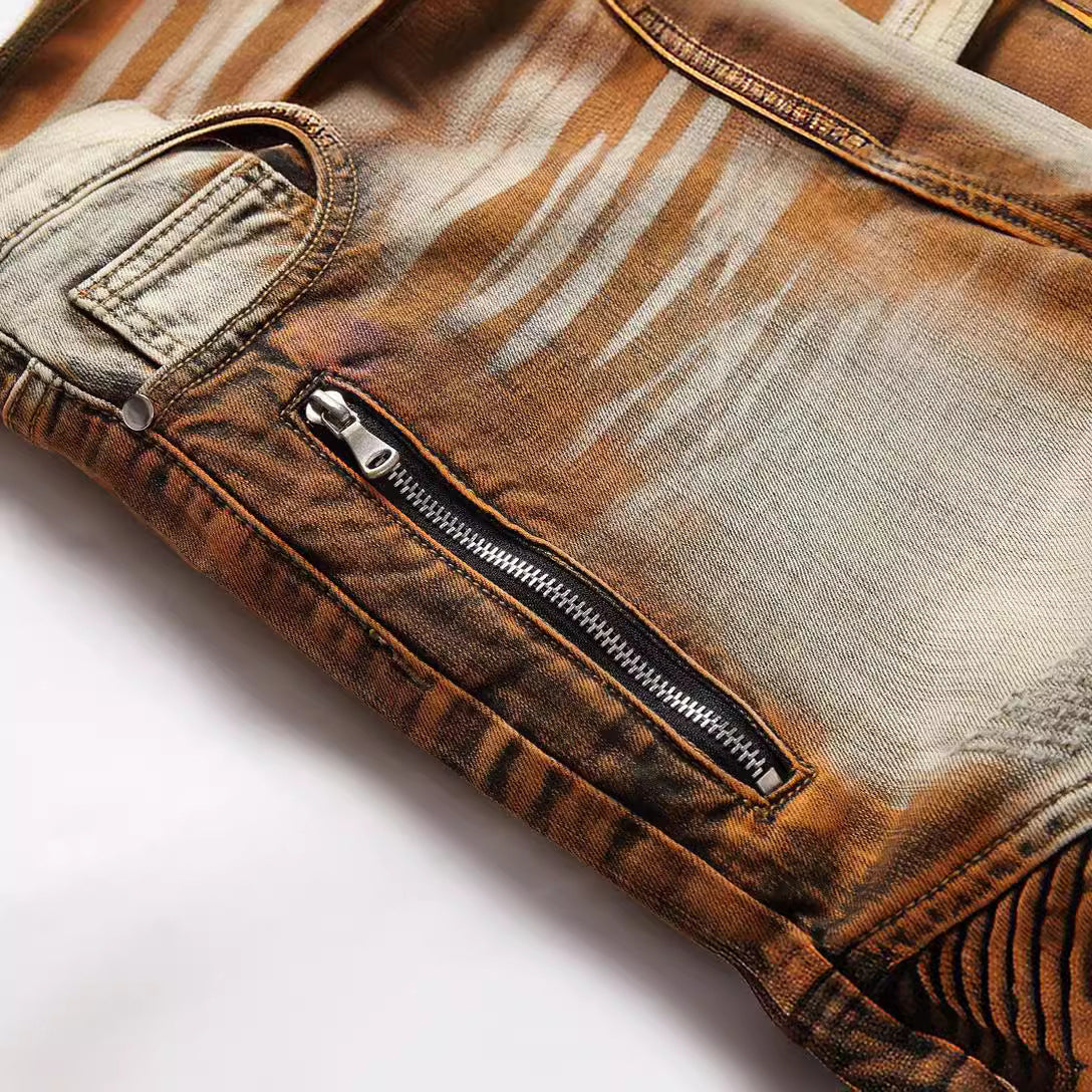 Men’s Orange Denim Cropped Skinny Jeans – Tapered Fit Cotton Pants