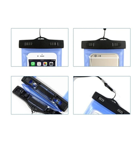 Blue waterproof phone pouch with clear window and black locking mechanism shown holding smartphone