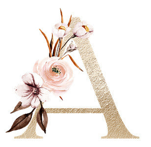 Gold textured letter A adorned with pink and white floral illustrations