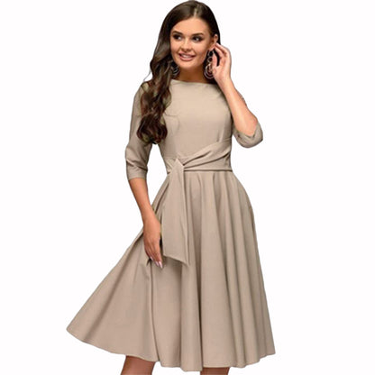 Mid-sleeve Lace-up Waist Dress