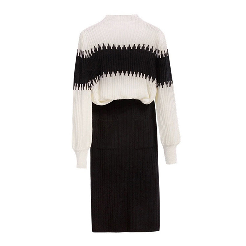 Women’s Color-Block Knit Sweater & Skirt Set – 2-Piece Winter Outfit with Pocket Skirt