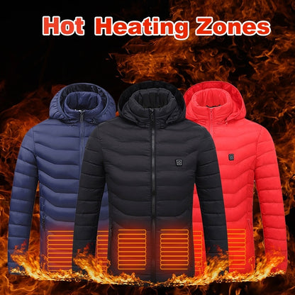 NEW Men Heated Puffer Jacket Electric Heating Coat Insulated Hood Windbreaker 9Heat Zones