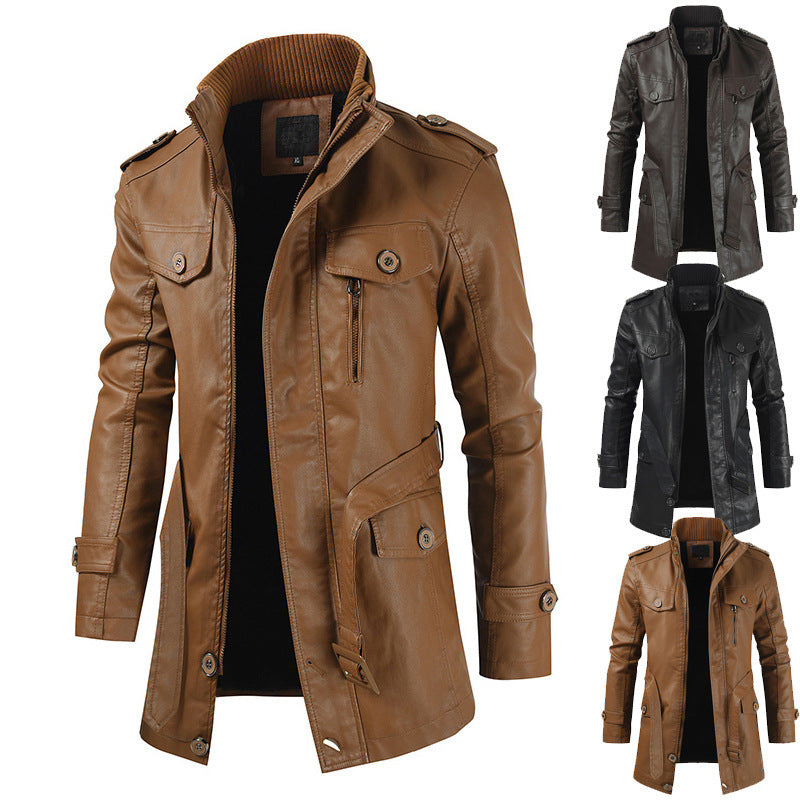 Men’s Urban PU Leather Long Jacket – Stand Collar Zipper Coat (L–4XL)