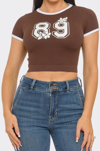 Seamless Contrast Binding "89" Screen Print Top