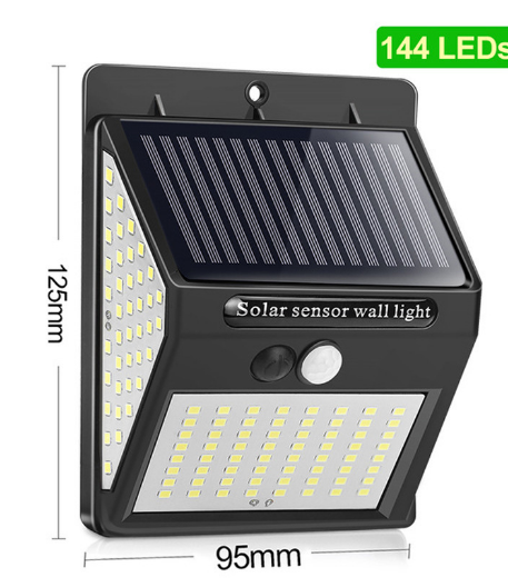 Black solar sensor wall light with 144 LEDs, solar panel top, motion sensor, dimensions 125mm by 95mm