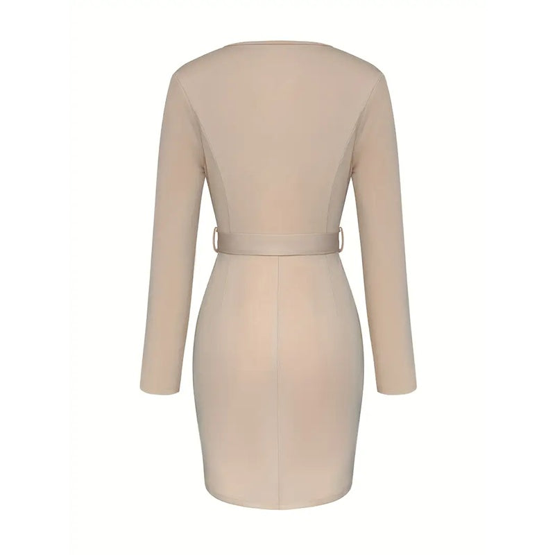 Women's V-Neck Short Dress With Pockets - Long Sleeve Belted Casual Fall Dress