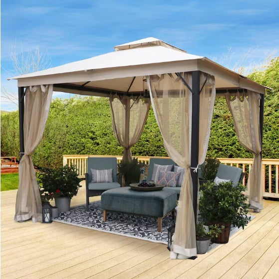 NEW 10X10FT SOFT TOP METAL GAZEBO WITH MOSQUITO NET AND SUN SHADE