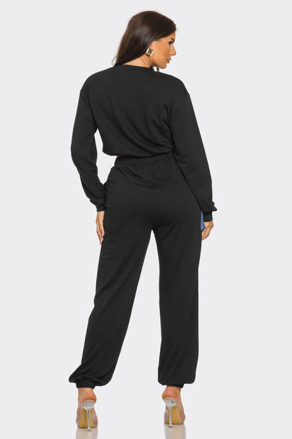 French Terry Color Block Denim Detail Top Pockets Pants Set