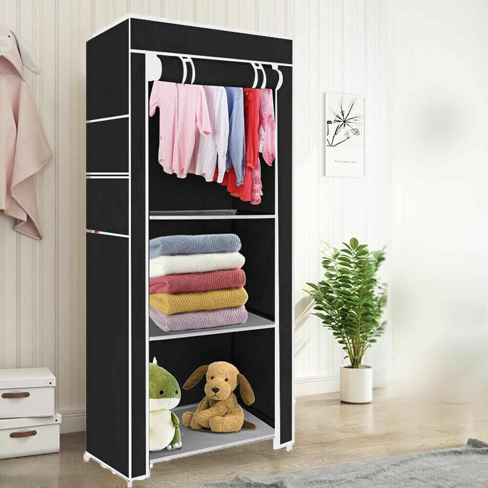 PRACTICAL FABRIC CANVAS WARDROBE HANGING RAIL SHELVING CLOTHES STORAGE CUPBOARD