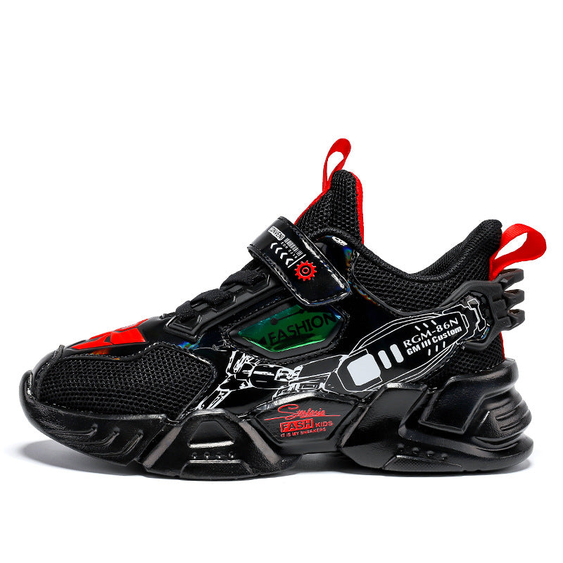 Black and red kids' fashion sneaker with futuristic design, velcro strap, and bold graphic details