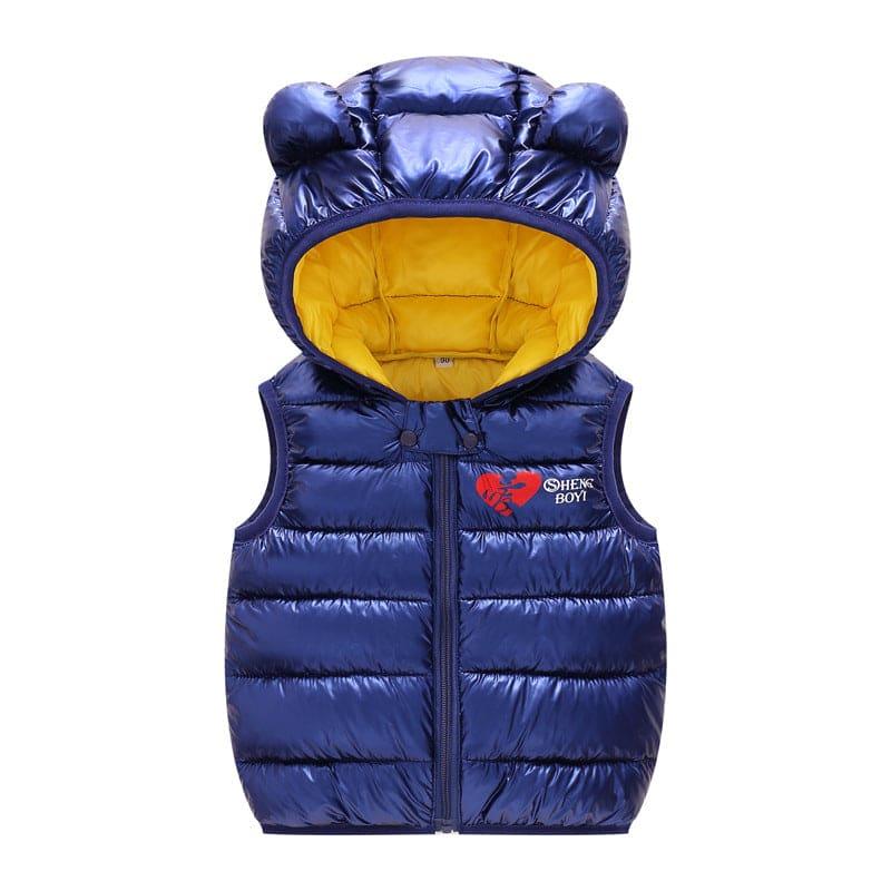 Navy blue shiny puffer vest with yellow hood lining and bear ear details, sleeveless winter jacket for boys